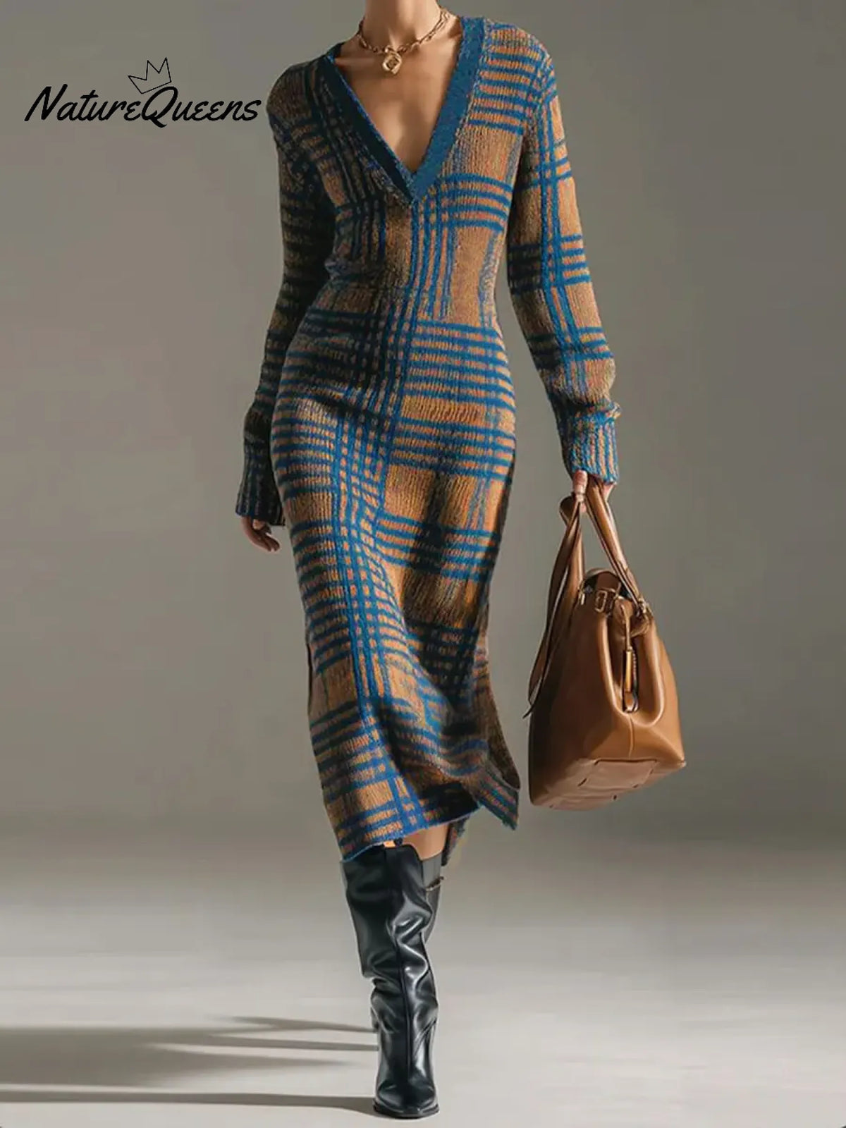 Women's Cozy V-neck Plaid Sweater Dress