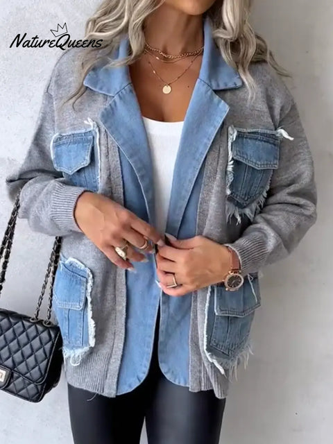 Women's Casual Knit Patchwork Denim Cotton Jacket