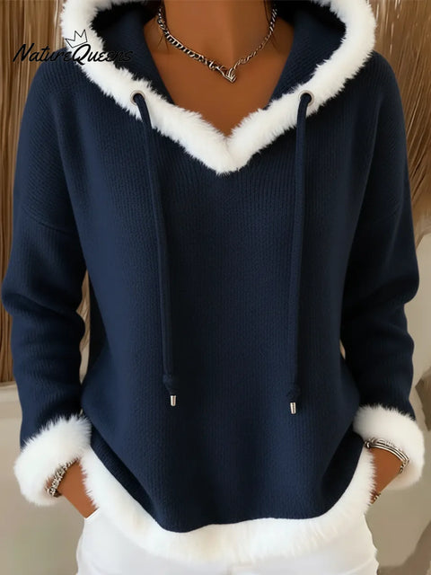 Casual Christmas Faux Rabbit Fur Trim Hooded Knit Top