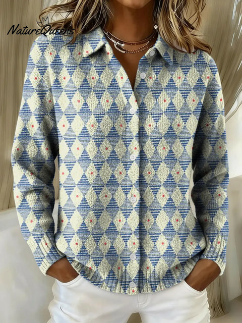 Women's Retro Small Rhombus Pattern Printed Collared Sweater