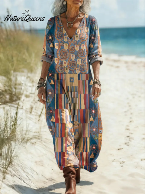 Women‘s Geometric Pattern Art Print Casual Cotton Dress