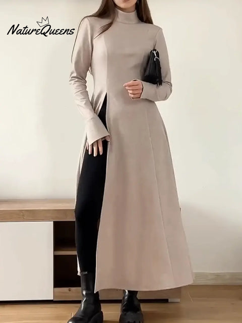 Women's Belted Long-sleeved Wool Blend Dress