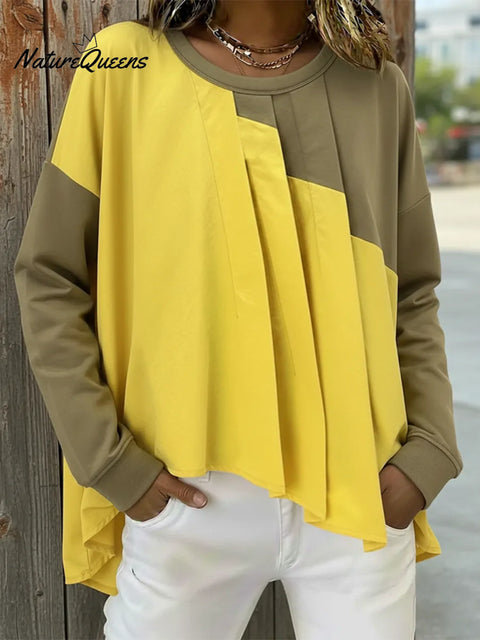 Casual Pleated Color-blocked Crew Neck Loose Sweatshirt