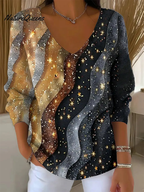 Women's Shining Christmas  Art Print V-neck  Loose  Sweater