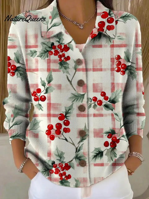 Women's Christmas Floral Art Print Casual Cardigan Sweater