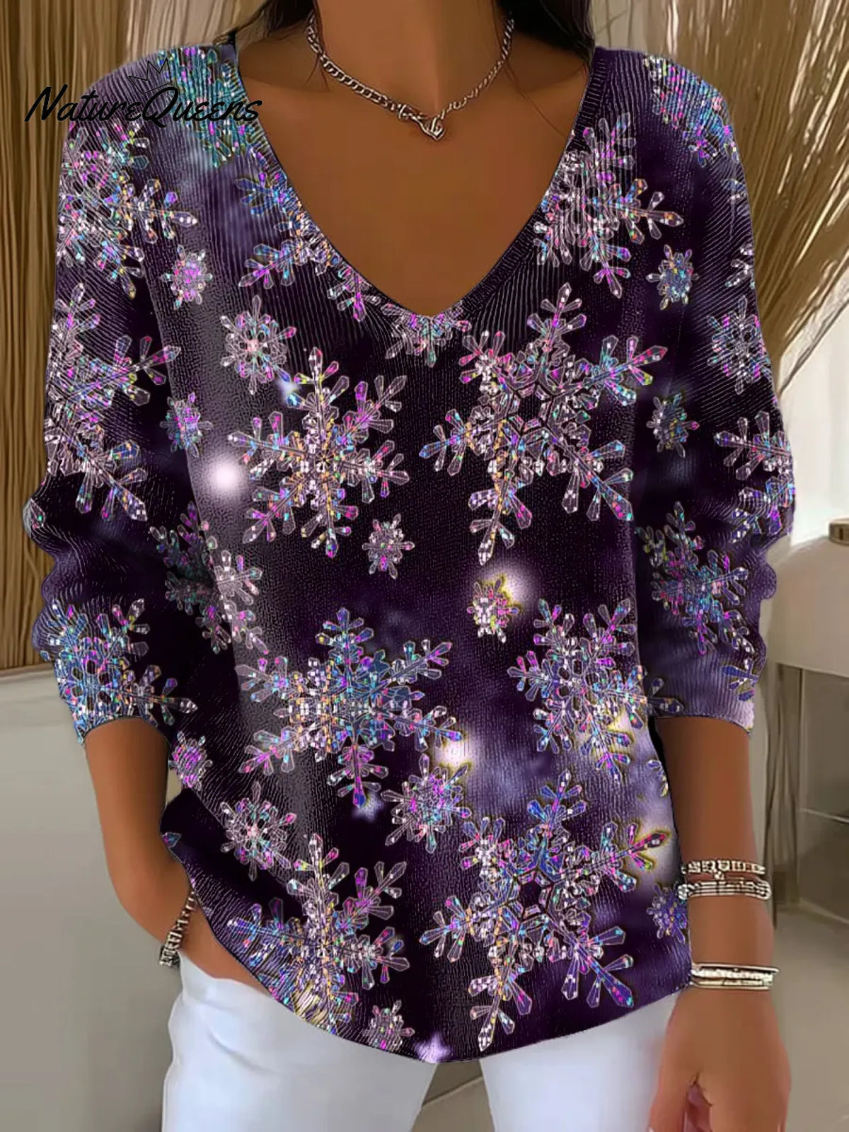 Sparkling Snowflakes Printed Casual V-neck Sweater