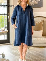 Women's Solid Color V-neck Three-quarter Sleeve Casual Loose Cotton And Linen Dress