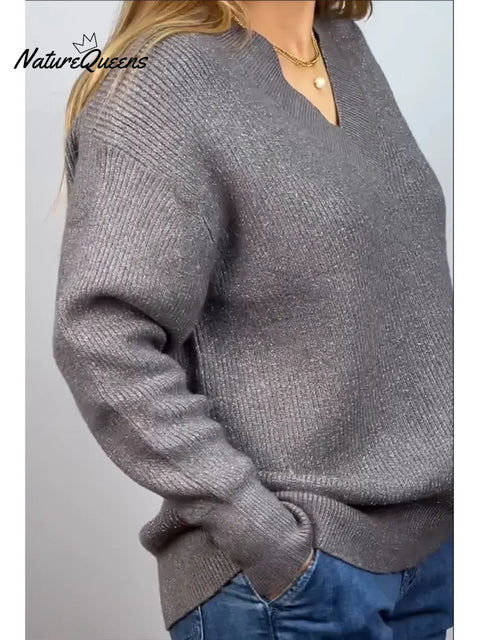 Women's V Neck Shiny Knit Sweater