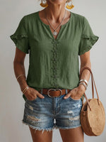Floral-embroidered V-neck Casual Shirt With Ruffled Short Sleeves