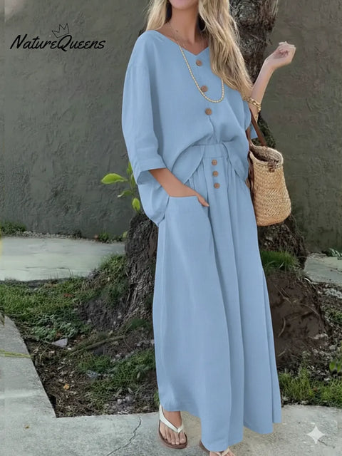Women's V-neck Button-down Linen Cotton Top And Skirt Two-piece Set