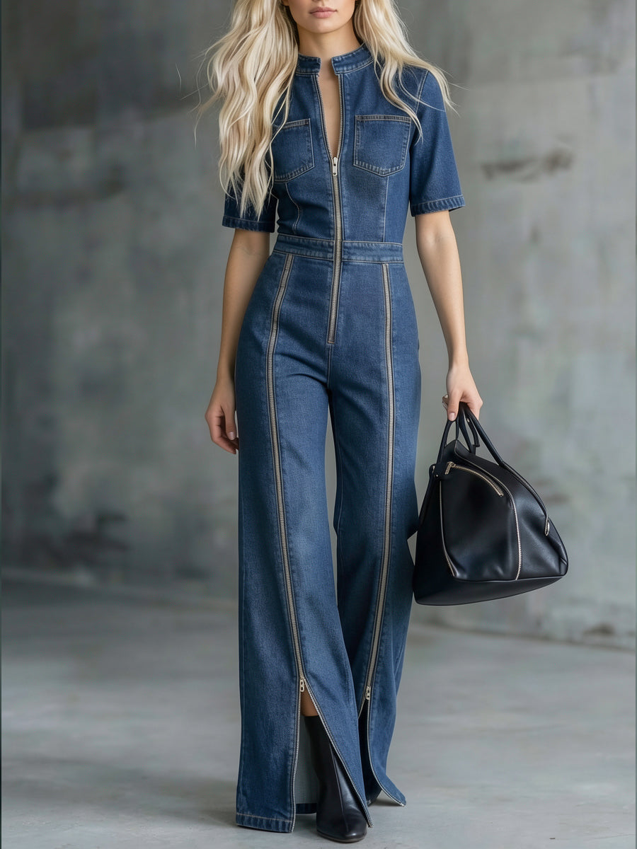 Casual Zippered Denim Jumpsuit