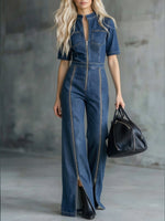 Casual Zippered Denim Jumpsuit