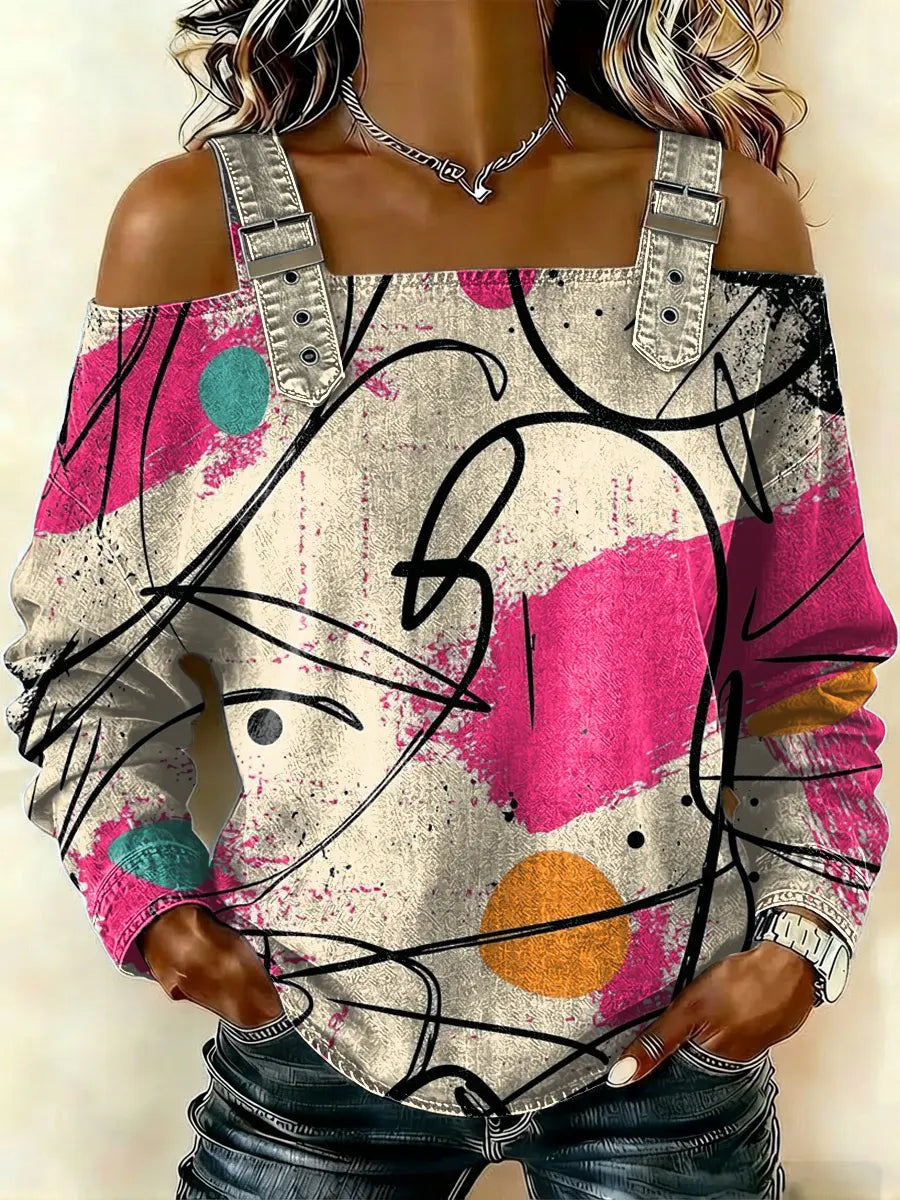 Women‘s Abstract Pattern Art Print Casual Cotton Denim Shirt