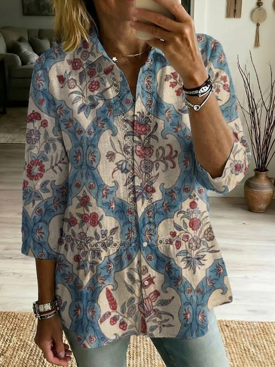 Casual Cotton-linen Shirt With Floral Art Patterns, Splicing, And Openwork Webbing Trim