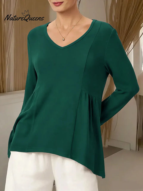 Women's Solid Color V-neck Long-sleeved Casual Loose-fitting Top With Irregular Hem.