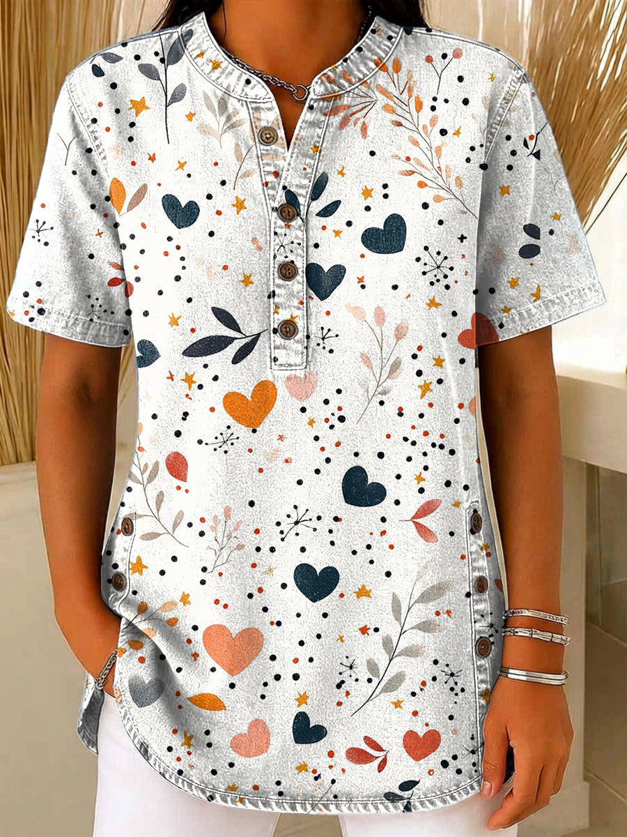 Women's Leaf Heart Pattern Print Short-sleeved Casual Loose Cotton Top