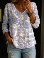 Women's Blue Fresh Little Flowers Print Casual Cotton Shirt