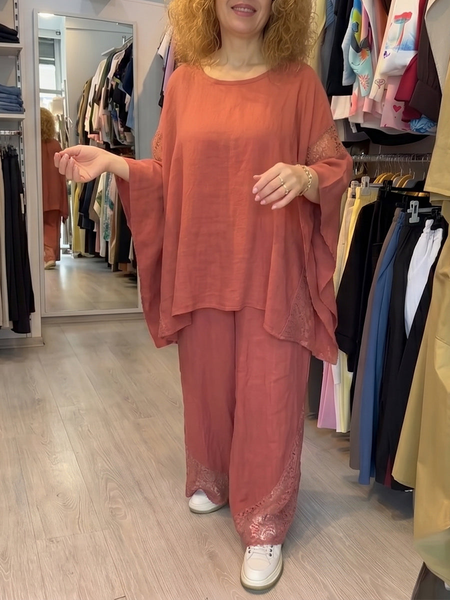 Loose-fit Casual Two-piece Set: Lace-paneled Linen And Cotton Top & Pants