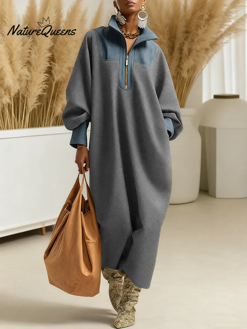 Women's Color-blocked Cardigan Collar Long-sleeved Casual Loose Knit Dress