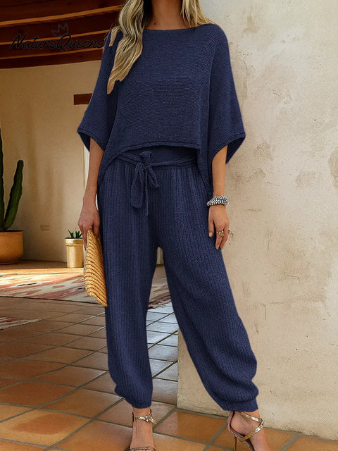 Women's Solid Color Round Neck Three-Quarter Sleeve Casual Loose Knit Top and High-Waisted Wide-Leg Knit Pants Set