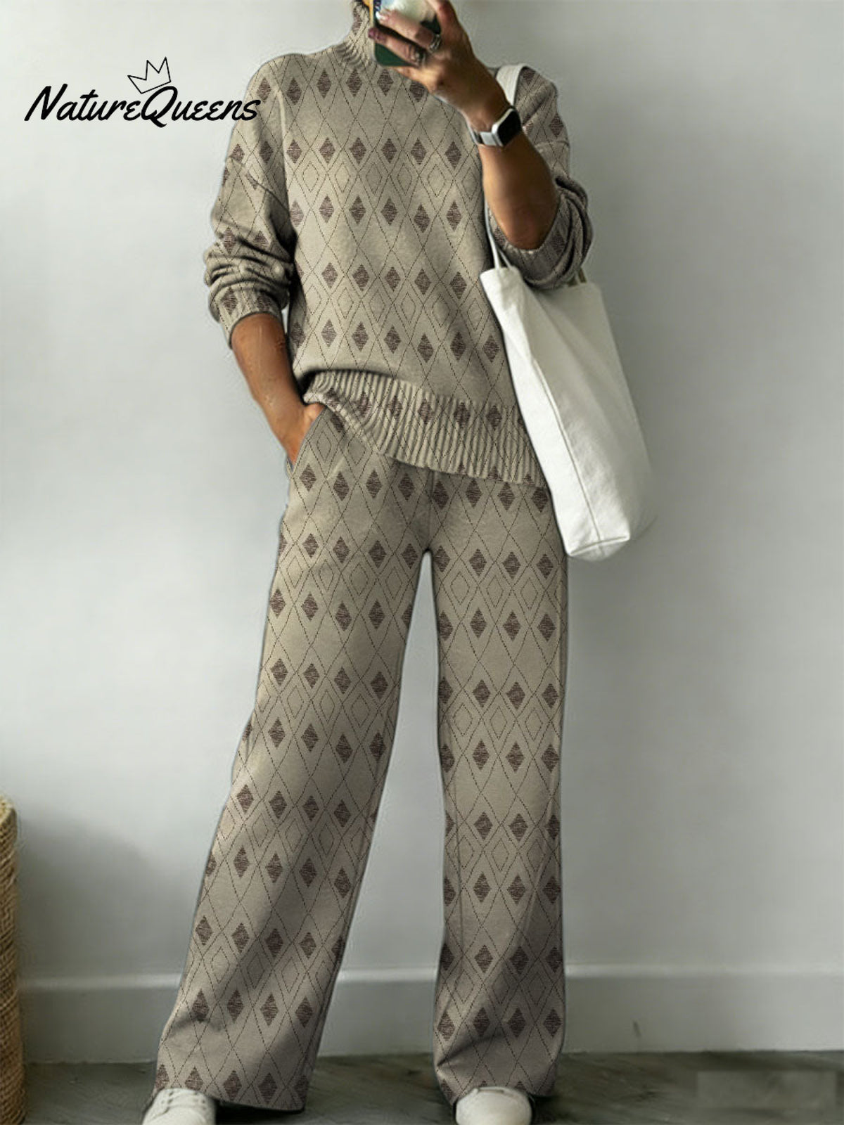 Vintage Geometric Diamond Pattern Casual Stand Collar Long Sleeve Top And Elastic Waistband Pants