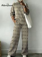 Vintage Geometric Diamond Pattern Casual Stand Collar Long Sleeve Top And Elastic Waistband Pants