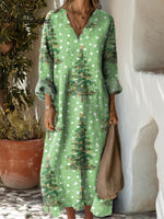 Women's Vintage Christmas Tree Pattern Art Print Cotton Dress