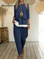Women's Casual Asymmetrical Hem Cotton Top And Pants Two-piece Set