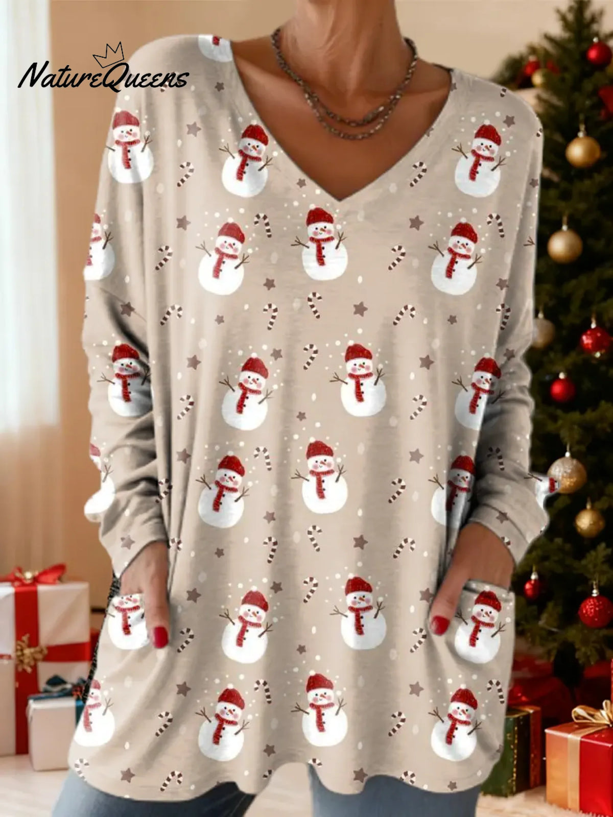 Women's Snowman Pattern Art Print Casual Cotton T-Shirt