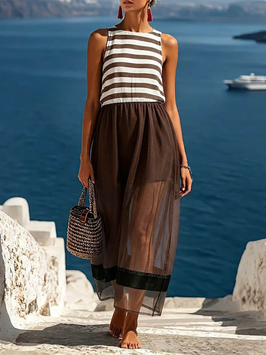 Women's Striped Print Round-neck Sleeveless Dress With Mesh Splicing