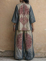 Women's Vintage-print V-neck 3/4-sleeve Loose-fit Cotton-linen Top & High-waisted Wide-leg Pants Set