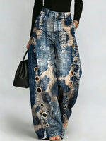 Vintage Leopard Print Eyelet Cutout Wide Leg Jeans