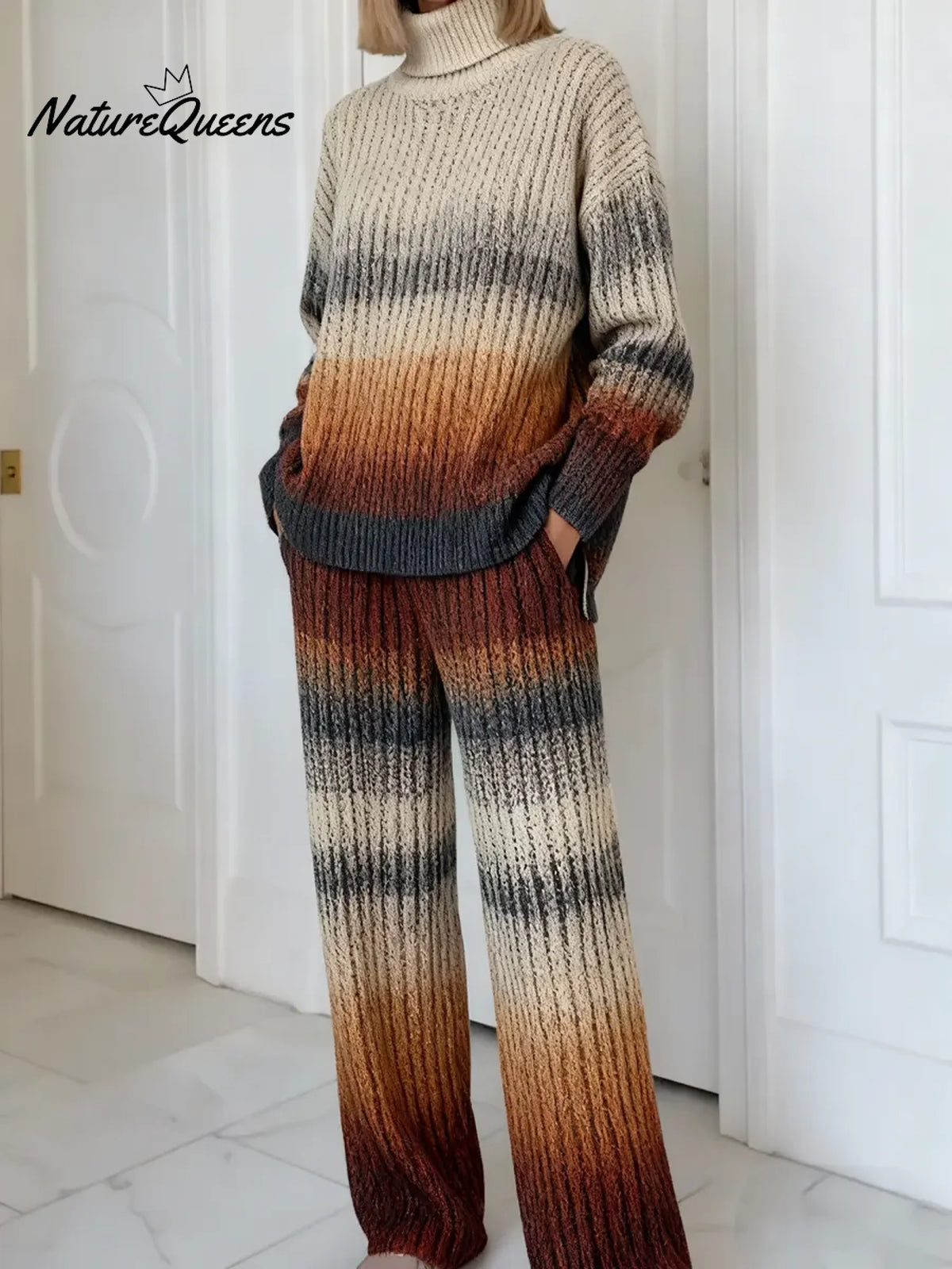 Women's Vintage Gradient GeometryArt Print Casual Knitted Cotton Top Pants Suit