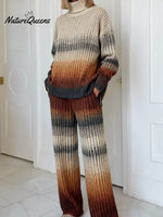 Women's Vintage Gradient GeometryArt Print Casual Knitted Cotton Top Pants Suit