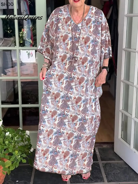 Women's Paisley Print V-Neck Three-Quarter Sleeve Casual Loose Cotton Dress