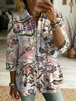 Casual Cotton-linen Shirt With Floral Art Patterns, Splicing, And Openwork Webbing Trim