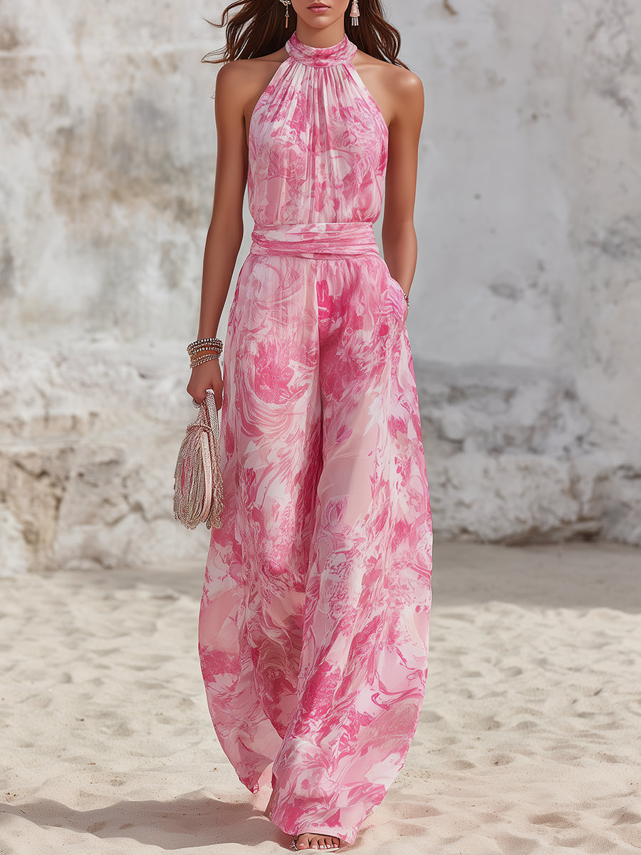 Vacation-style Sleeveless Strappy Top And Printed Chiffon Pants Set