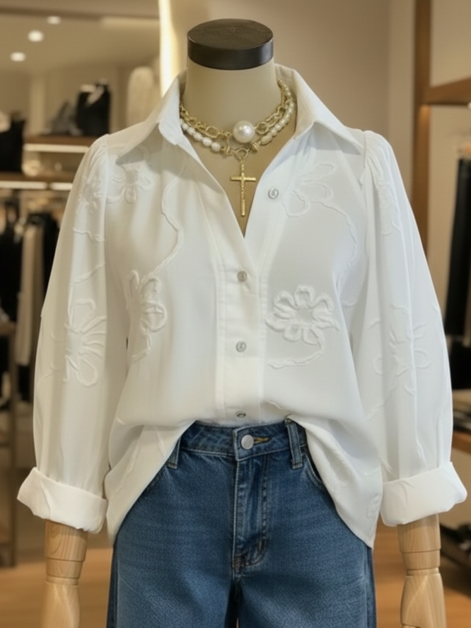 Romantic Floral Embroidered Polo Shirt