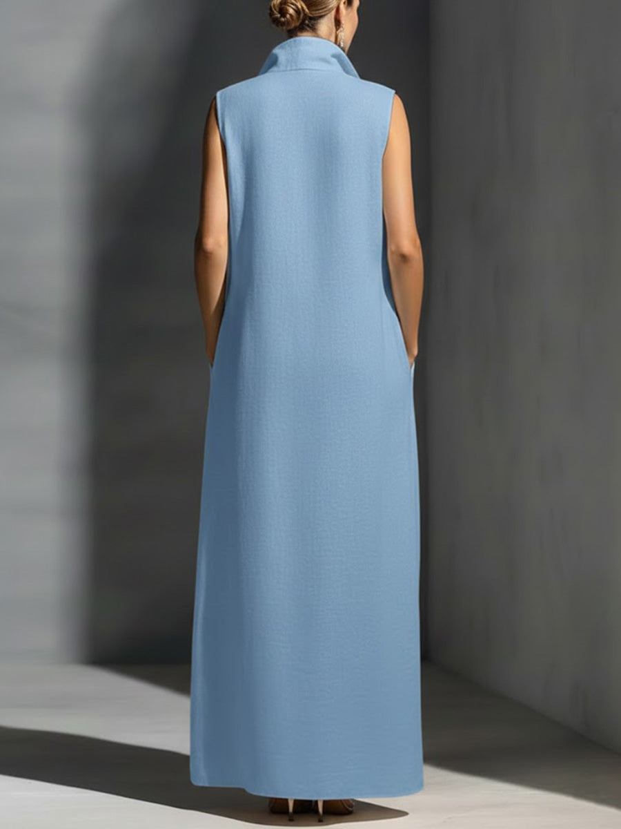 Women's Stand-collar Sleeveless Casual Loose Cotton And Linen Dress