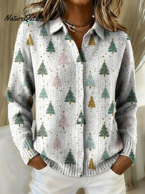 Women's Cute Christmas Tree Printed Collared Sweater