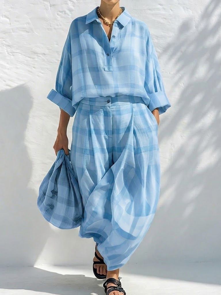 Loose-fit Casual Plaid Linen & Cotton Shirt And Wide-leg Pants Two-piece Set