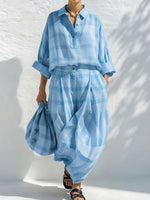 Loose-fit Casual Plaid Linen & Cotton Shirt And Wide-leg Pants Two-piece Set