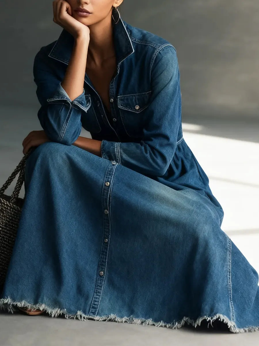 Women Stylish Art Stand Collar Washed Denim Midi Dress