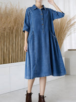 Women's Casual Loose Denim Dress With Shirt Collar And 3/4 Sleeves.