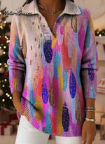 Christmas Retro Gradient Ethnic Art Pattern Art Polo Collar Shiny Loose Sweater Top