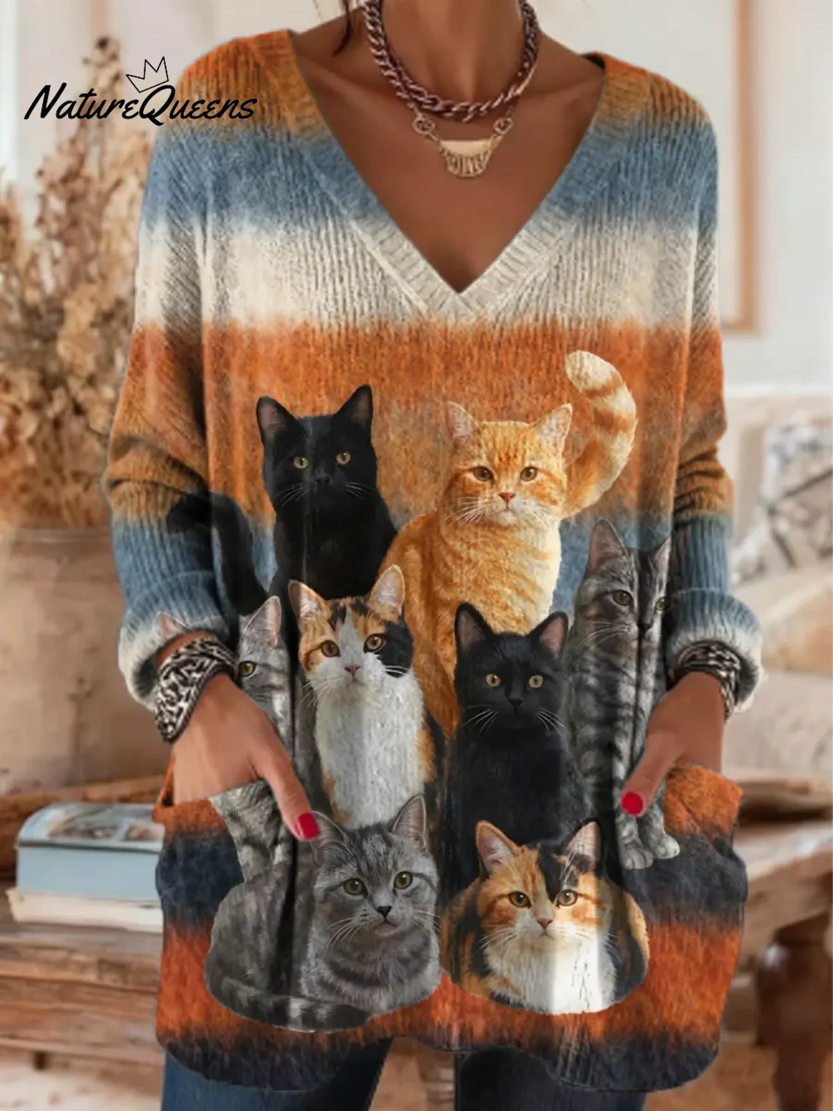 Women's Funny Cats Pattern Art Print Casual Cotton Knitted Sweater