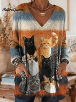 Women's Funny Cats Pattern Art Print Casual Cotton Knitted Sweater