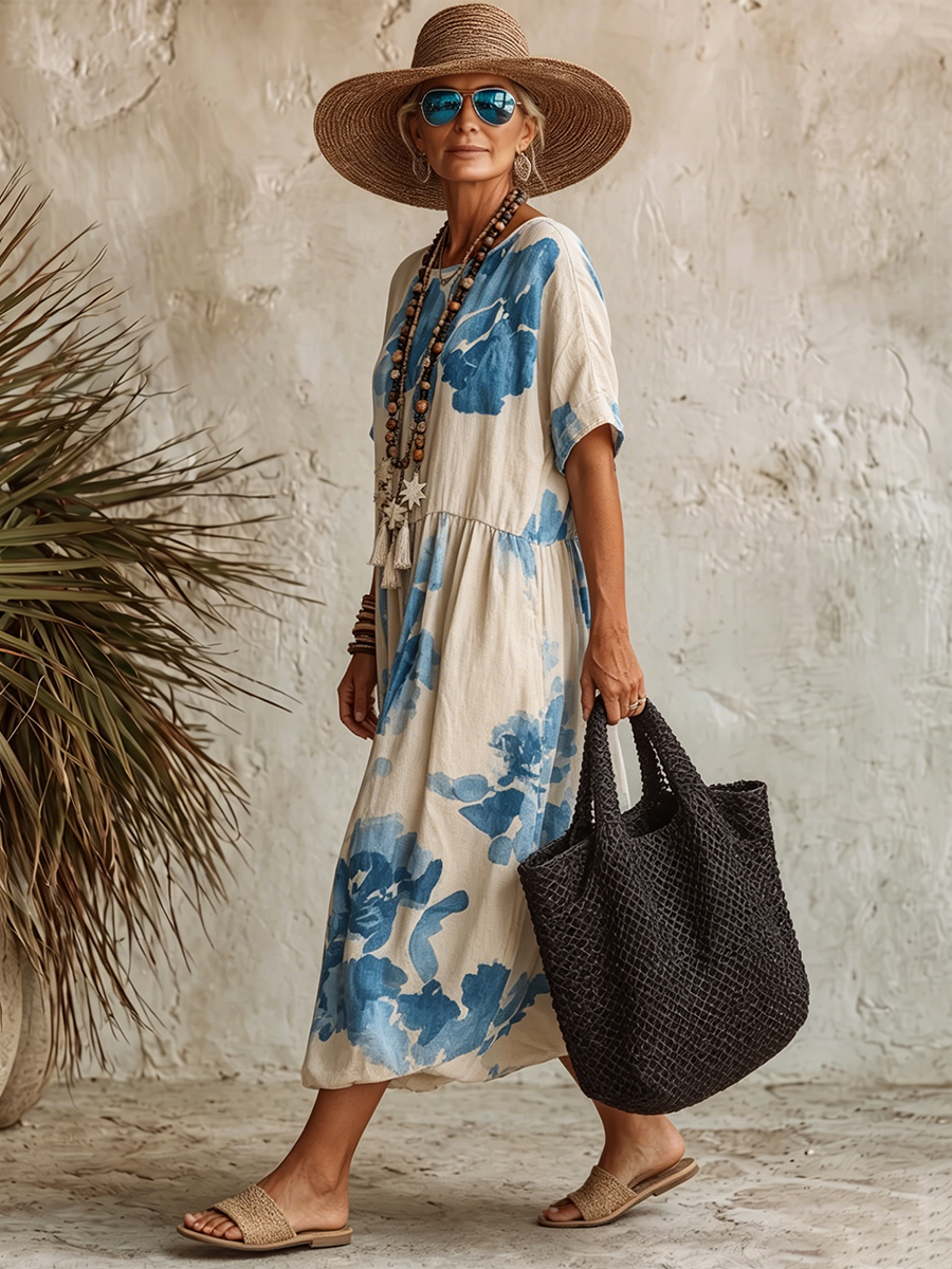 Artistic Blue Watercolor Floral Print Bud Dress