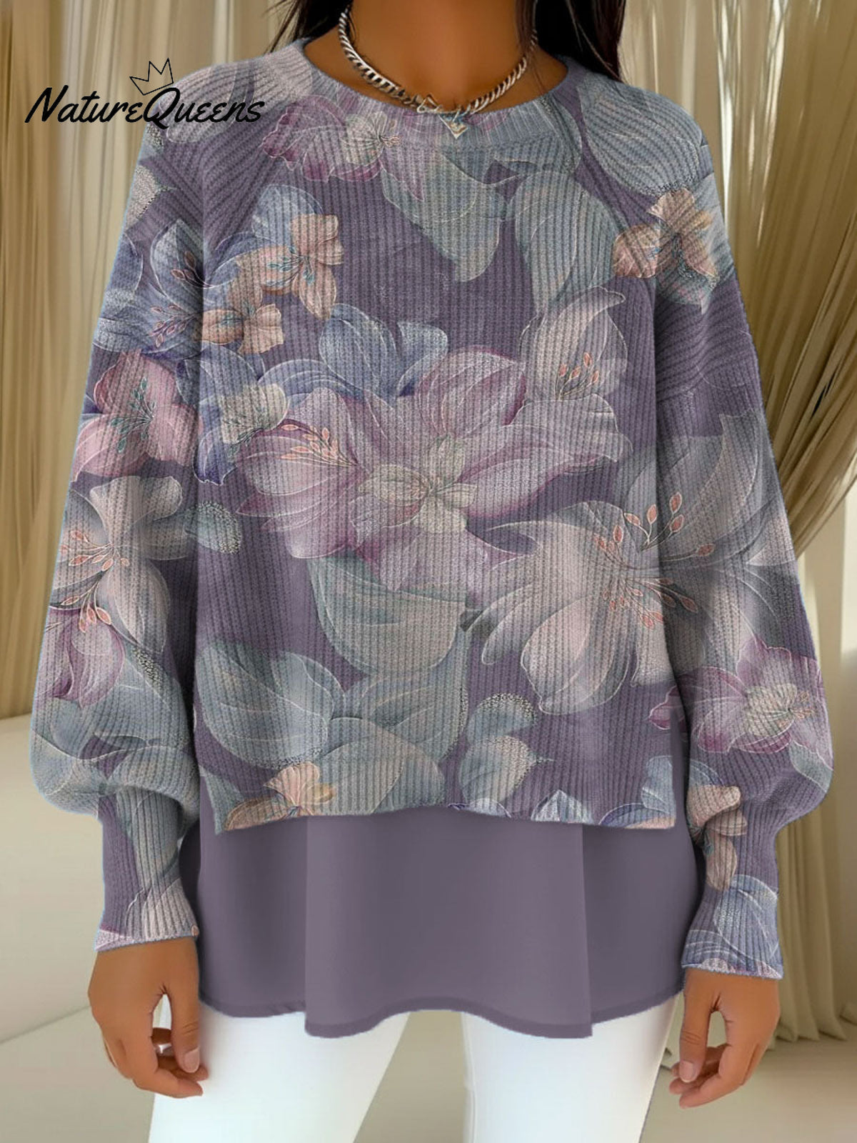 Elegant Purple Floral Decorative Patterns Women's Casual Round Collar Long Sleeve Sweater