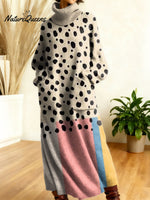 Women's Retro Abstract Geometric Colorful Splicing Patterns Art High-neck Long-sleeve Casual Loose Knit Dress